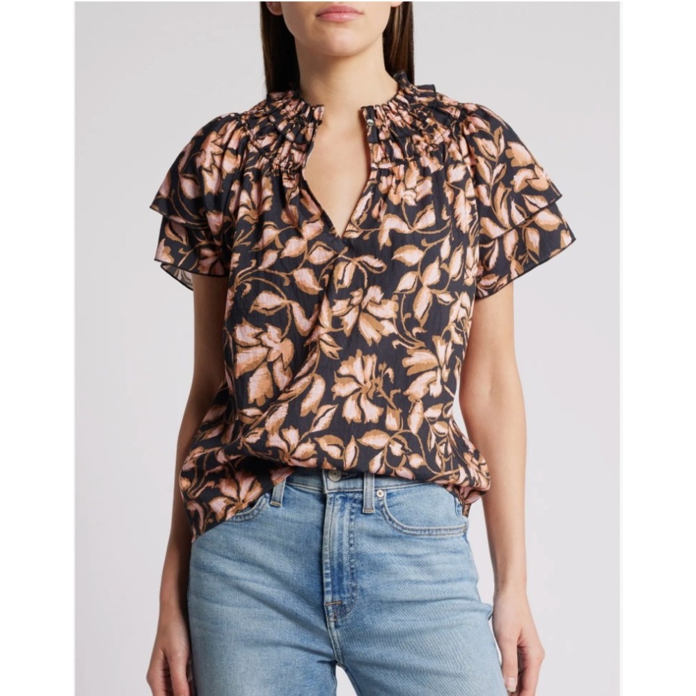 Rails Kamila Top Jasmine Floral Black Peach Ruffle Flutter Sleeve Medium